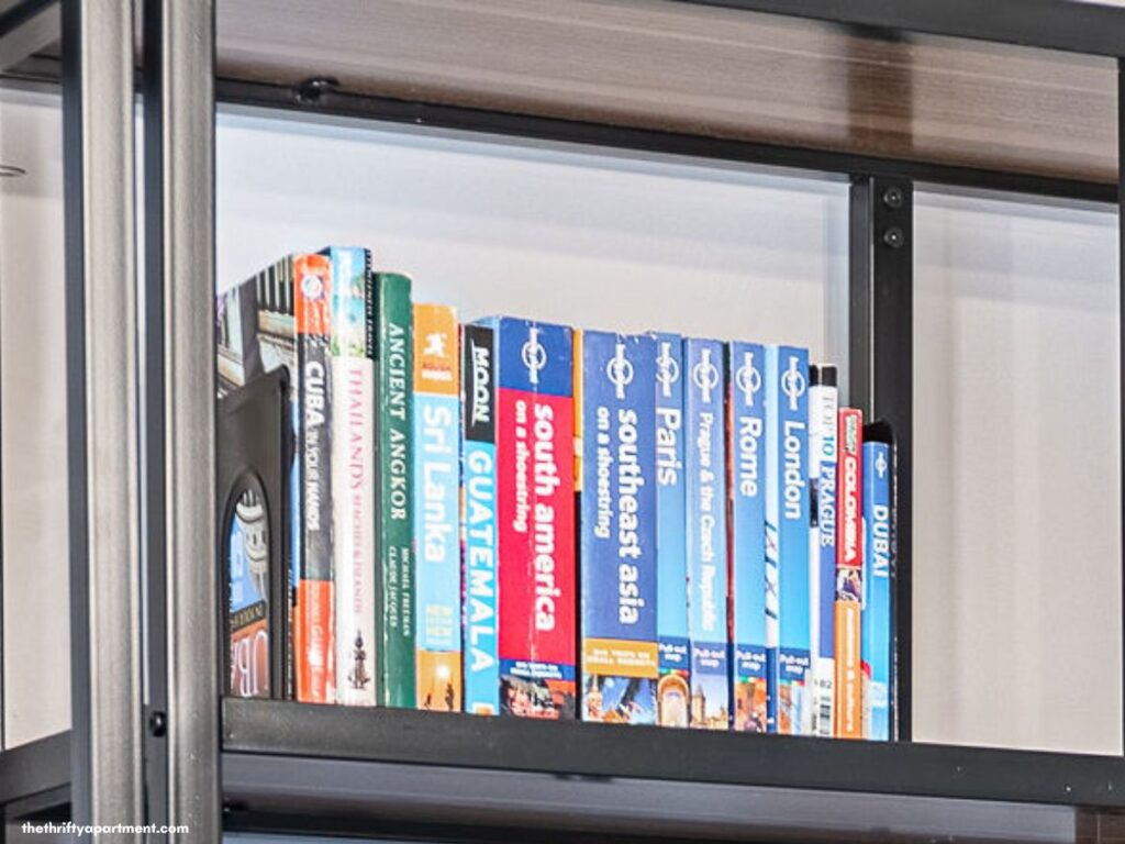 themed travel books on bookcase