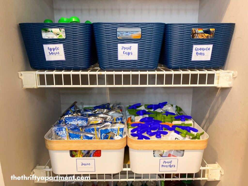 snack pantry storage bins with labels