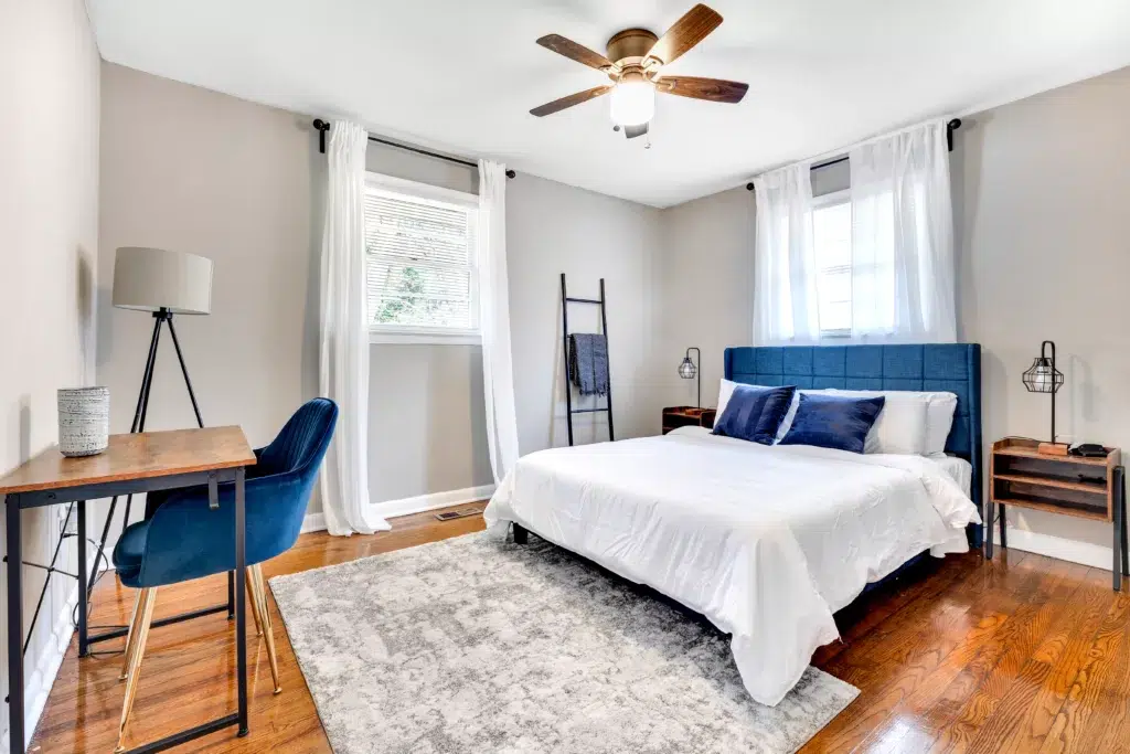 bedroom with blue bed