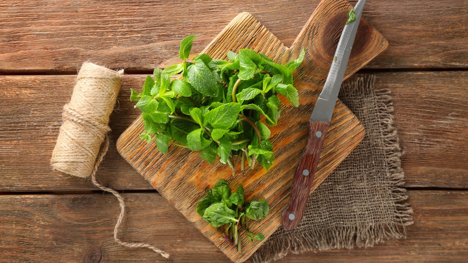 lemon balm on cutting board