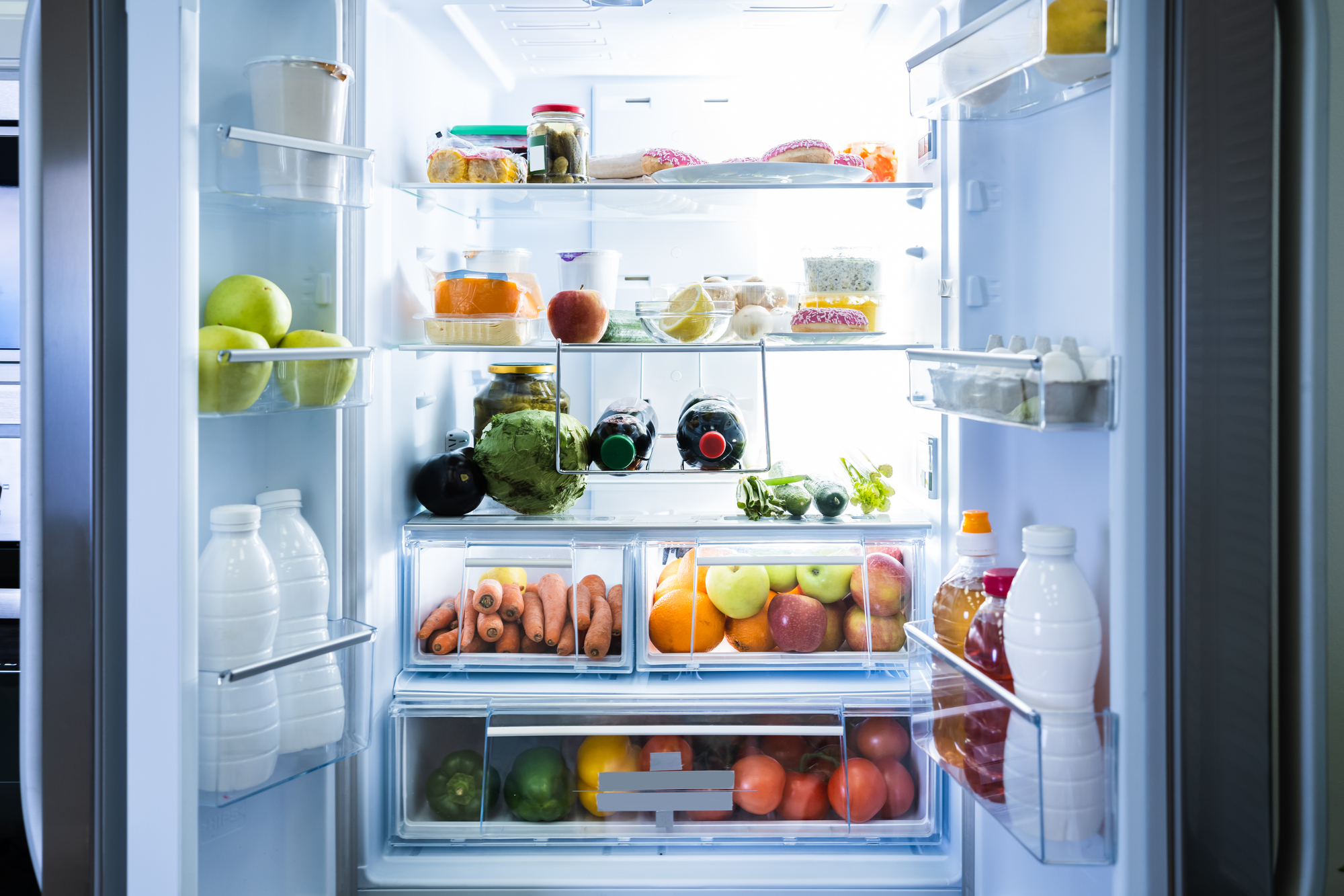 Open Refrigerator Or Fridge Door With Food Inside