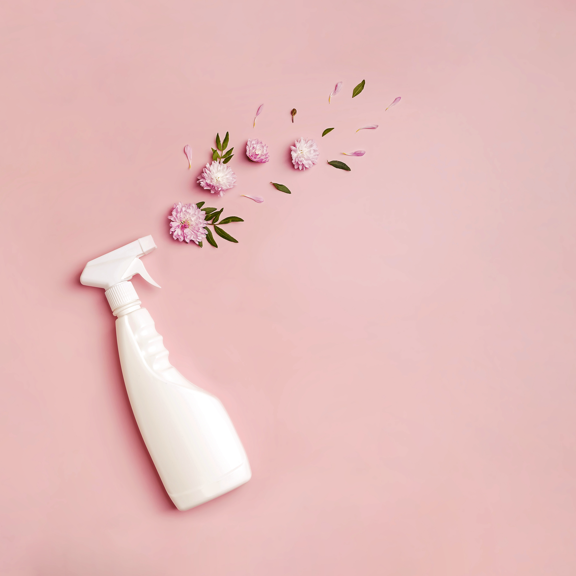 Plastic bottle with cleaning spray and flowers on pink background. Freshness, cleaning with natural product concept