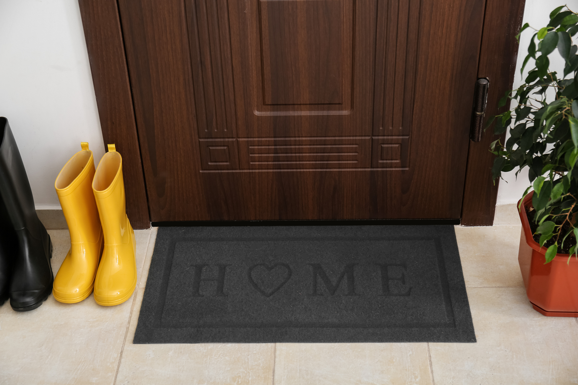 Black mat with gumboots and houseplant near dark wooden door shoes in entryway