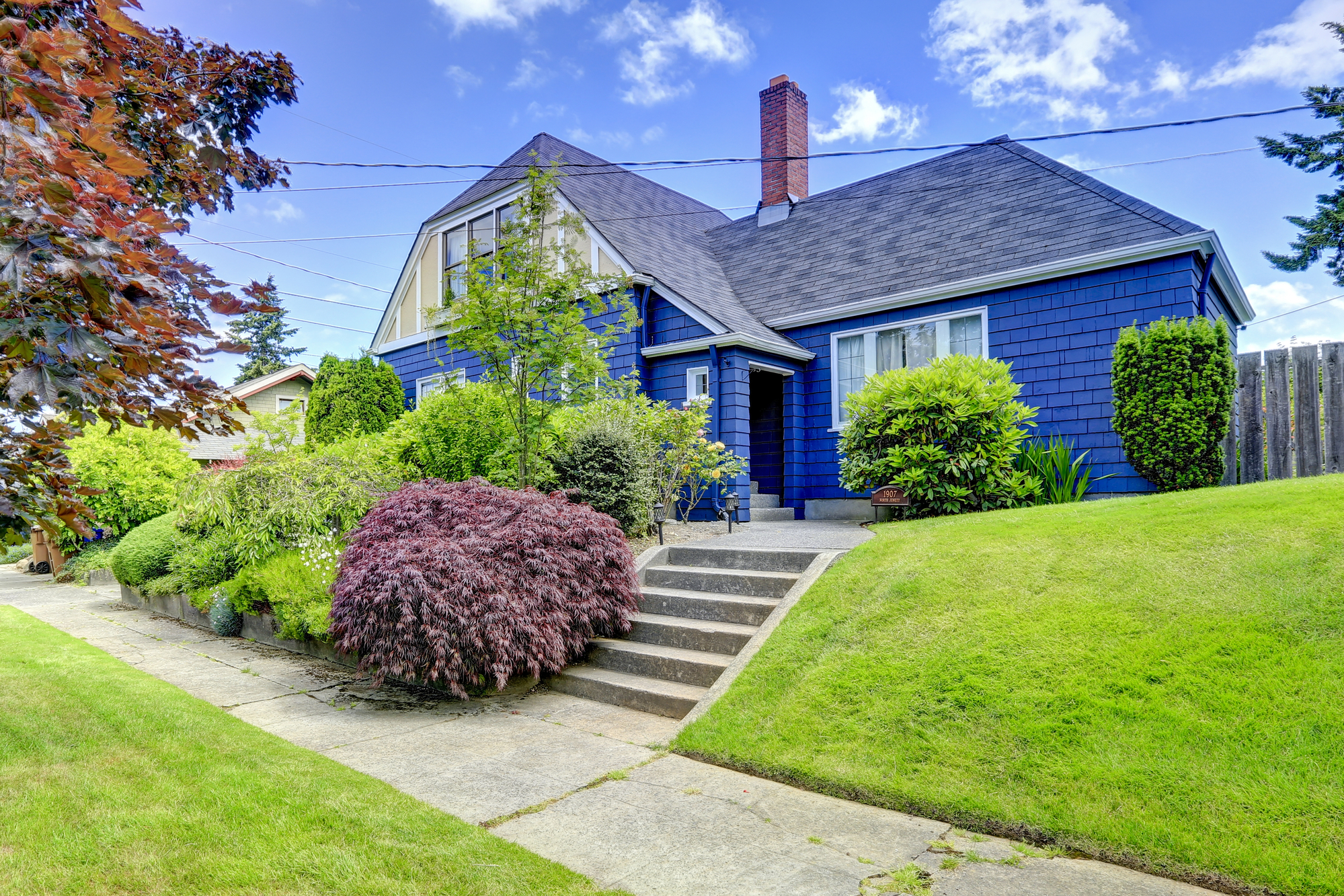 blue house on lawn