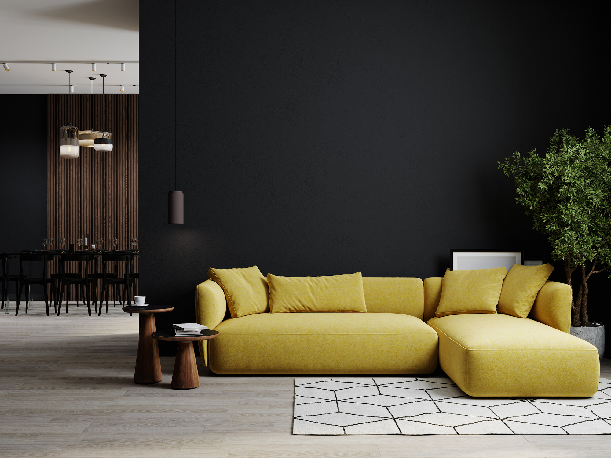 Dark room interior, living room interior mockup, empty black wall and yellow sofa, 3d rendering