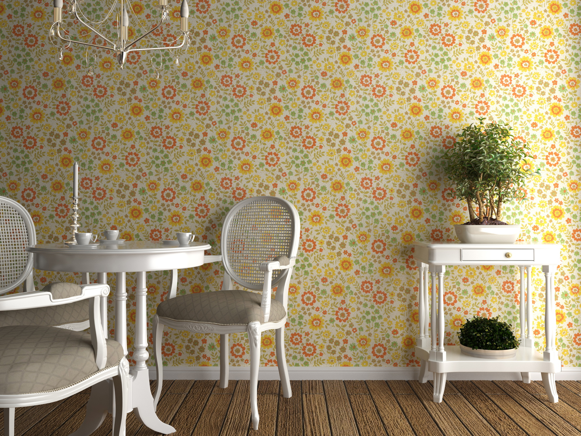 flowery wallpaper interior white furniture