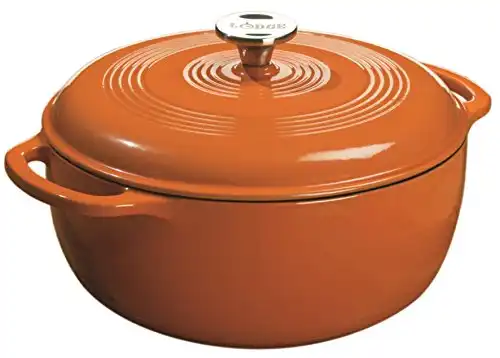 Lodge 6 Quart Enameled Cast Iron Dutch Oven with Lid – Dual Handles – Oven Safe up to 500° F or on Stovetop - Use to Marinate, Cook, Bake, Refrigerate and Serve – Pumpkin