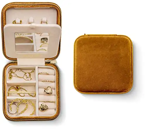 Benevolence LA Plush Velvet Travel Jewelry Storage Box | Travel Jewelry Case Small Jewelry Box for Women | Jewelry Travel Organizer | Earring Organizer with Mirror - Gold Caramel Velvet
