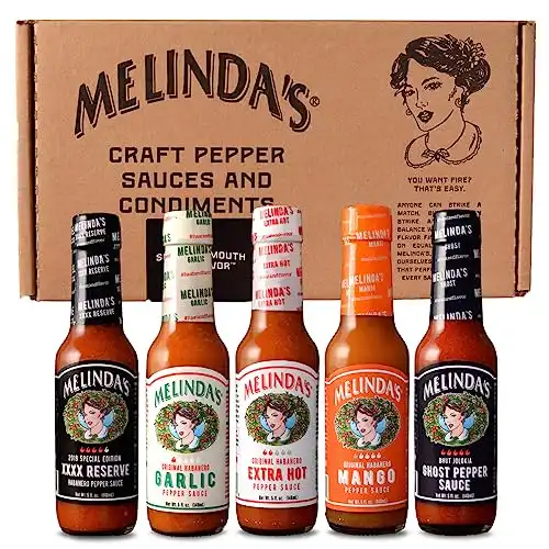 Melinda’s Habanero Hot Sauce Variety Pack - Extra Spicy Gourmet Hot Sauce Gift Set with Variety of Heat Levels - Includes XXXXtra Reserve, Garlic Habanero, Extra Hot, Mango, Ghost Pepper- 5 oz, 5 Pa...