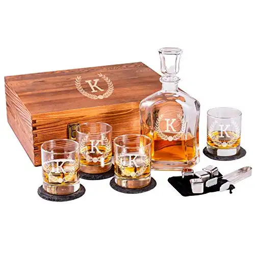 Engraved Liquor Whiskey Decanter Set with Scotch Glasses for Men - 9 Design Options - Personalized Gift Set for Him, Dad - Premium Set Includes Whiskey Stones - by Froolu