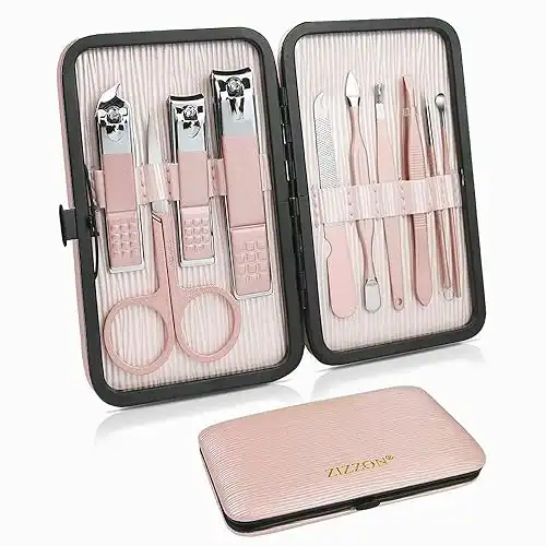ZIZZON Travel Mini Manicure Set Nail Clipper Set 10 in 1 Stainless Steel Pedicure Care Grooming kit with Case Pink