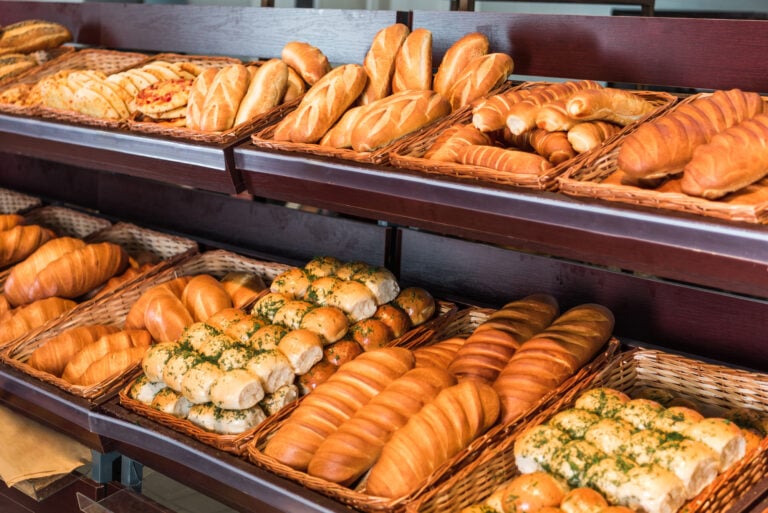 baked goods in bakery at supermarket, bread