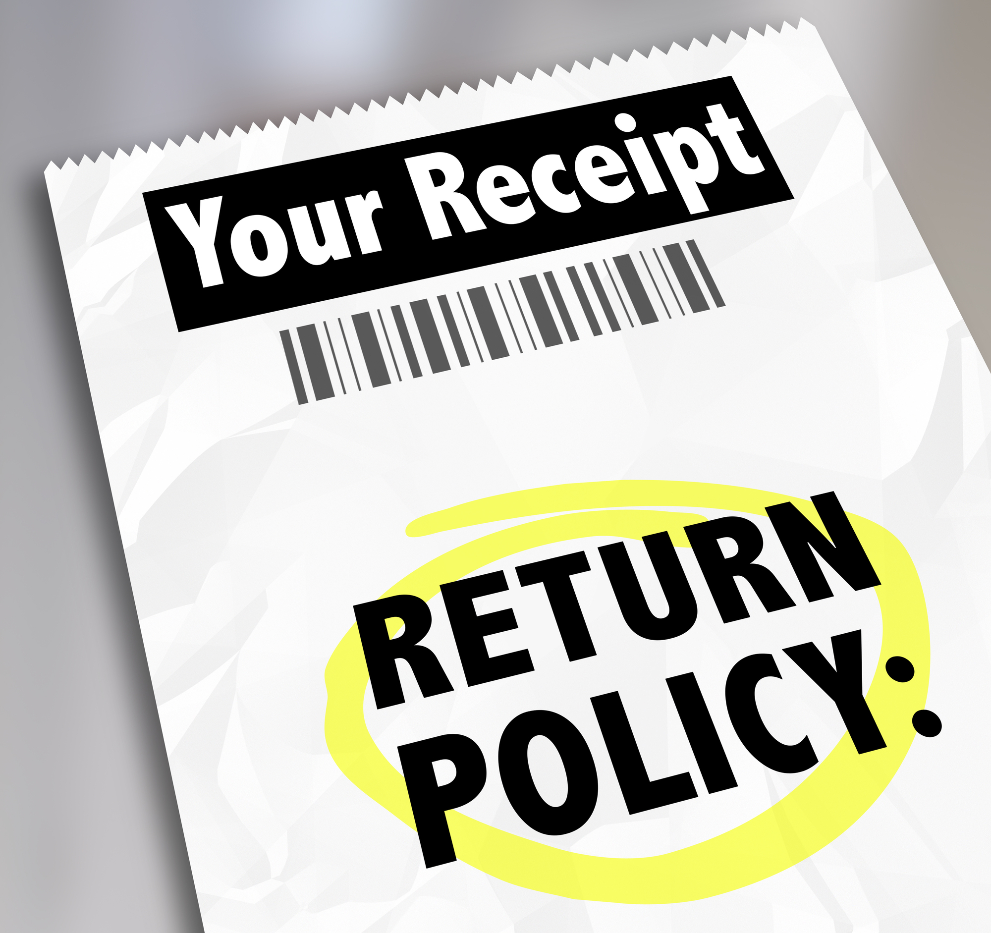 Return Policy words on a store receipt or proof of purchase to tell you how to exchange goods, products or services you no longer want