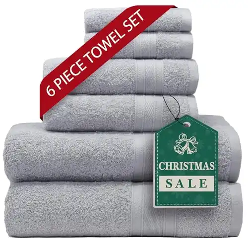 TRIDENT 6 Piece Christmas Towel Sets, 100% Cotton Premium Towel Set, 2 Bathroom Towels, 2 Hand Towels, 2 wash Cloths, Highly Absorbent Shower Towels, Silver Gray Christmas Towel Sets