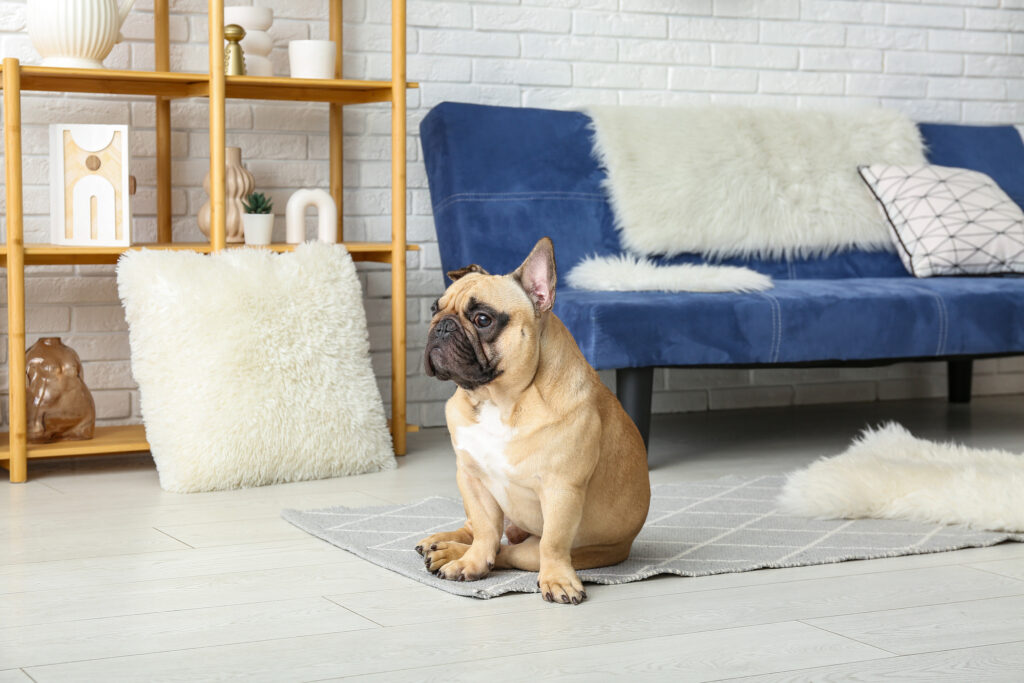 Cute French bulldog on carpet in living room, pet dog