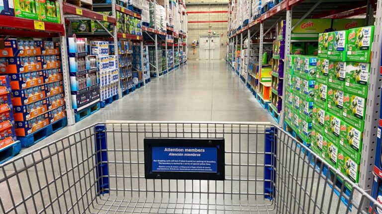 The view from a cart of laundry products aisle of a Sams Club grocery store