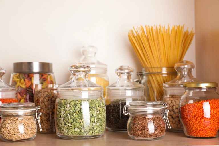 pantry with jars, pasta, beans cabinet