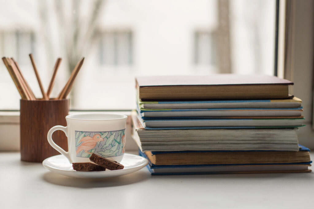 books on a countertop
