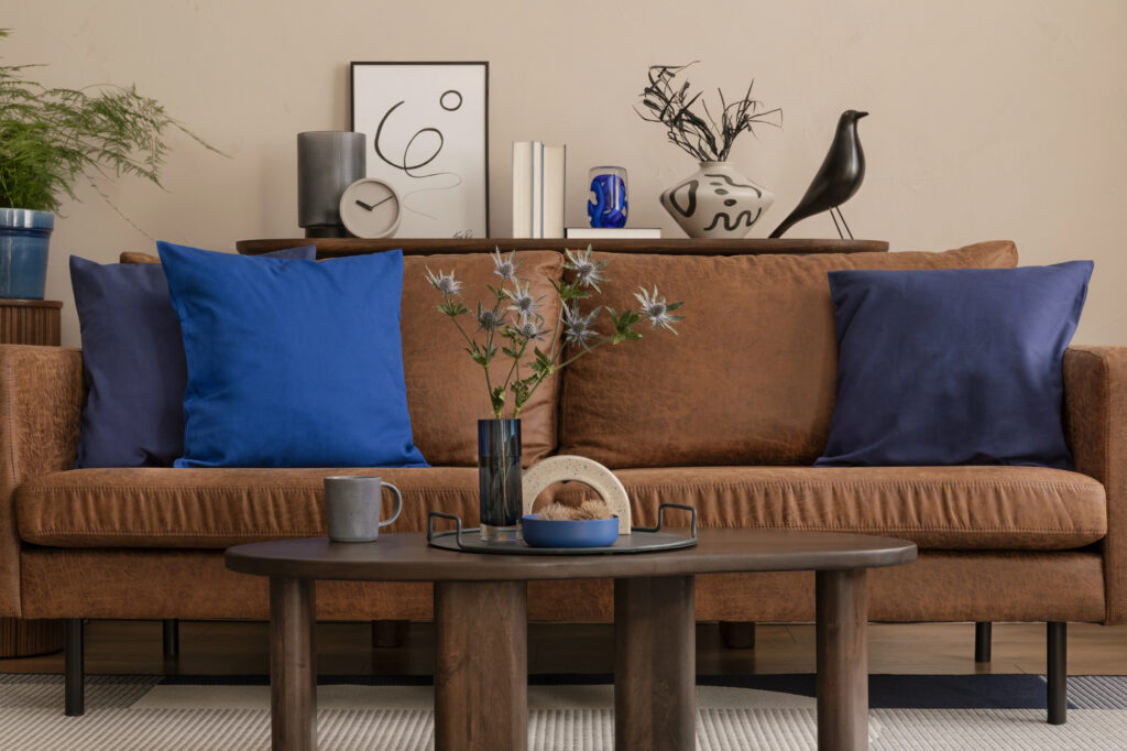living room with brown couch