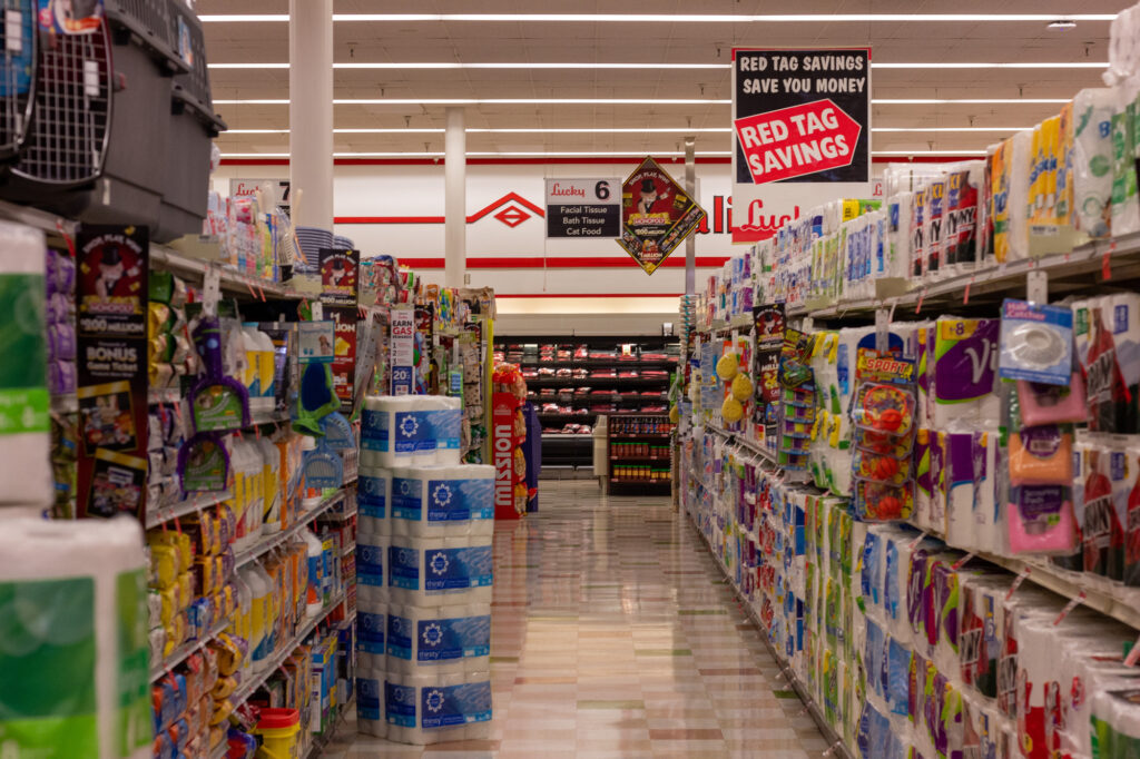 Supermarket aisles of food and drinks