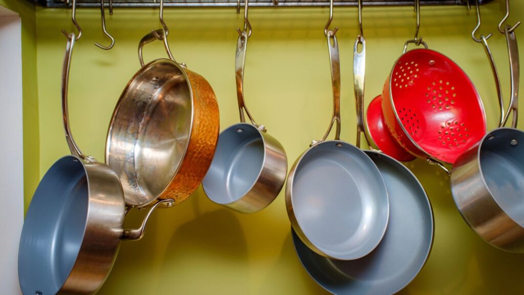 non stick pots and pans hanging