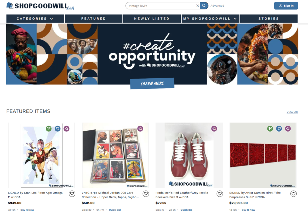 screenshot of goodwill online store