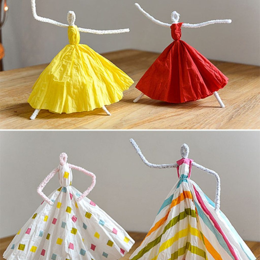 Paper napkin dancing princesses made from pipe cleaner