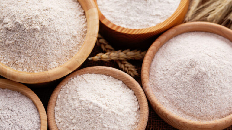 wooden bowls with different types of flour on jute - food and drink