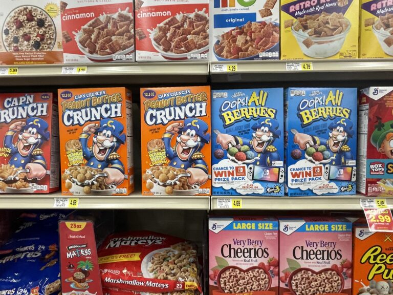 IGA Retail grocery store cereal section Captain crunch price tags cereal boxes