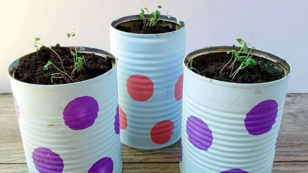Polka-dot Upcycled Can Planters & Planting Flowers from Seeds