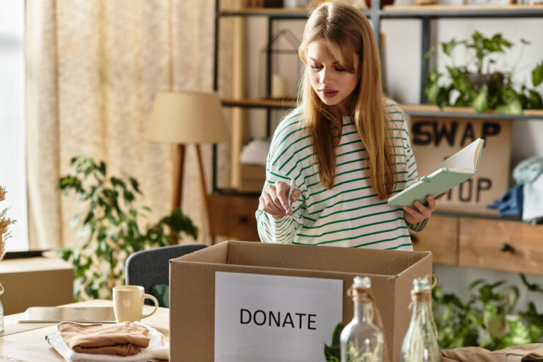 woman decluttering donate closet clothes