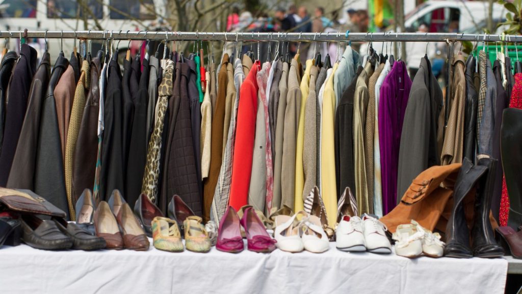 clothes and shoes at garage sale