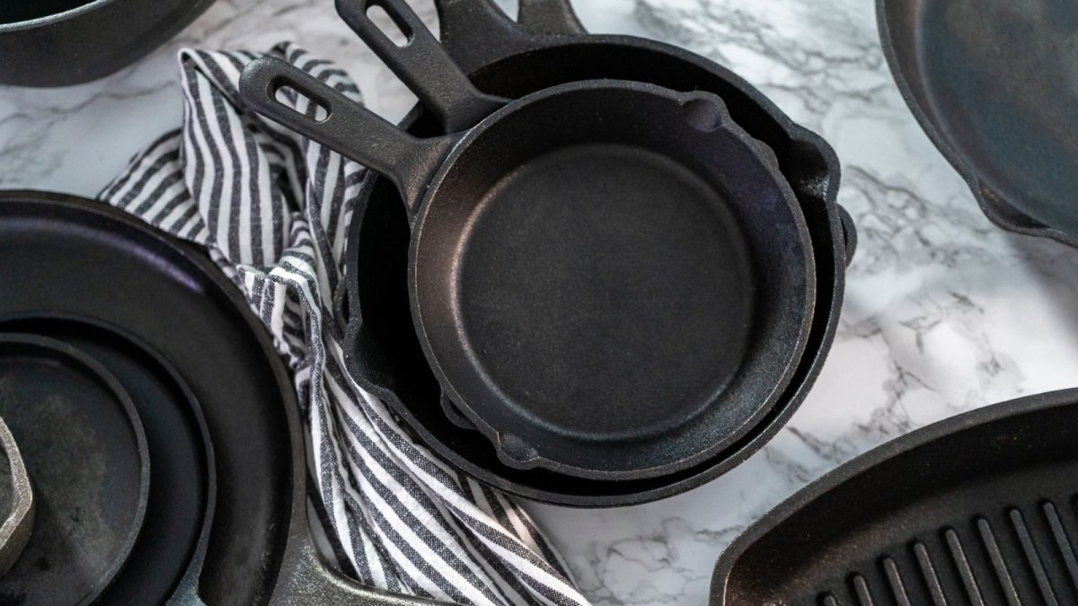 various types of cast iron on a countertop