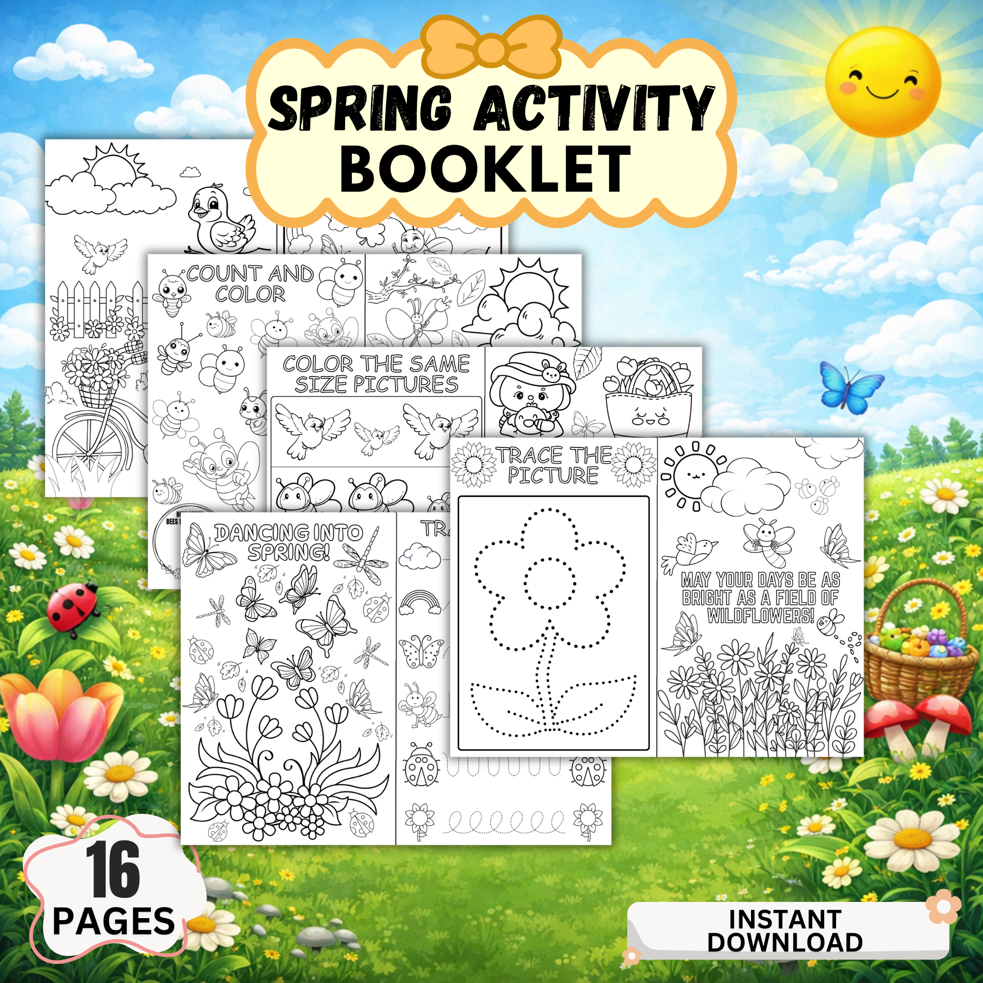 Spring activity booklet printable PDF for kids featuring coloring pages