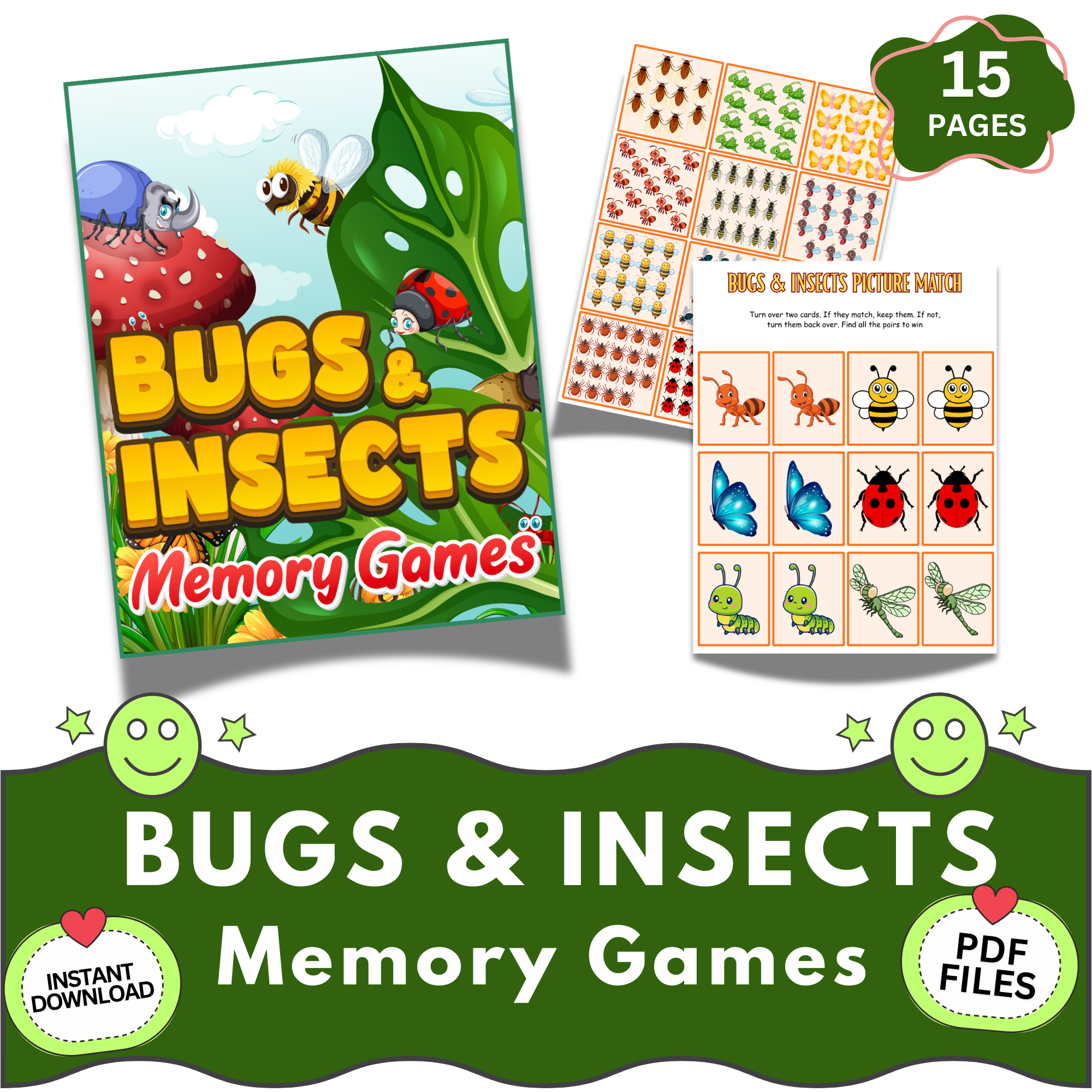 bugs and insects memory games printable for kids preschool matching activity insect learning cards pdf instant download