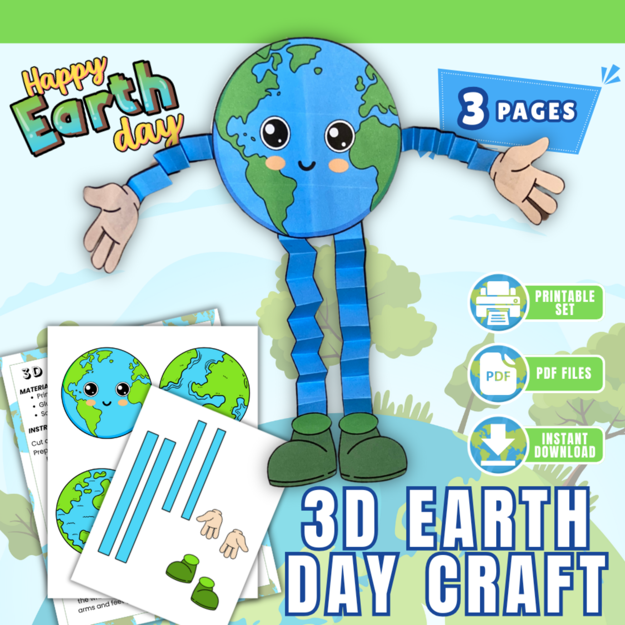 3D Earth Day craft printable for kids showing cute earth character with arms and legs