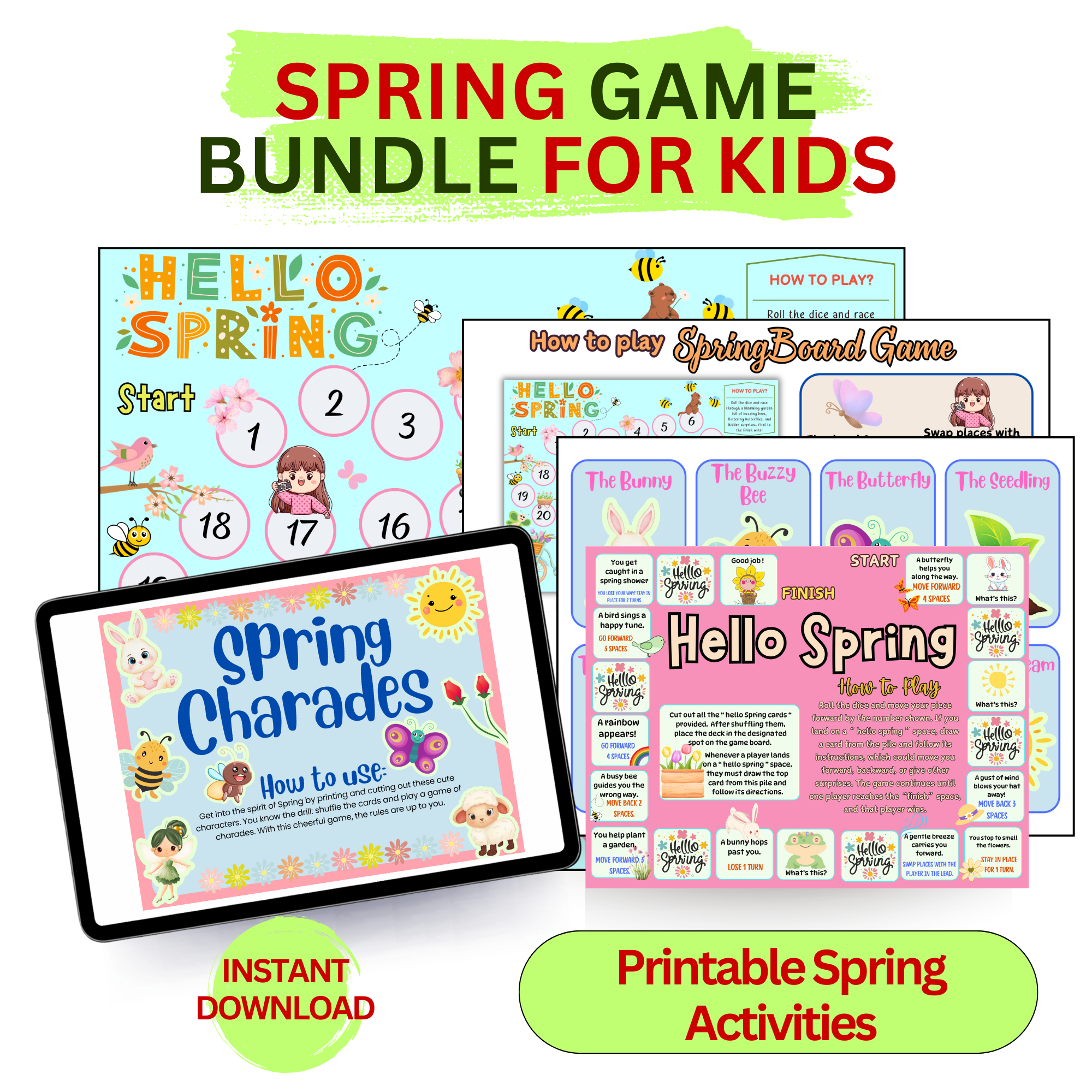 Spring game bundle for kids printable PDF including Hello Spring board game and spring charades activity