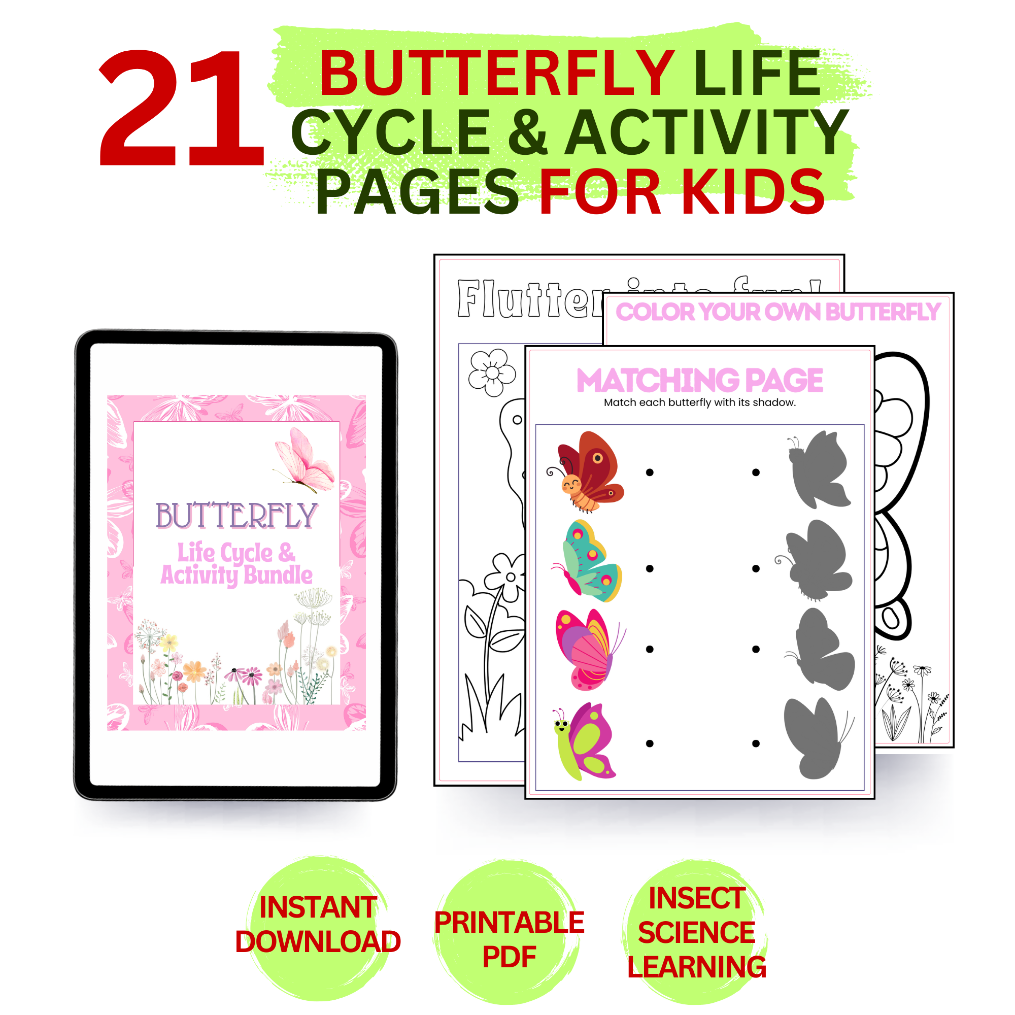 Butterfly life cycle activity bundle printable PDF with 21 worksheets for kids