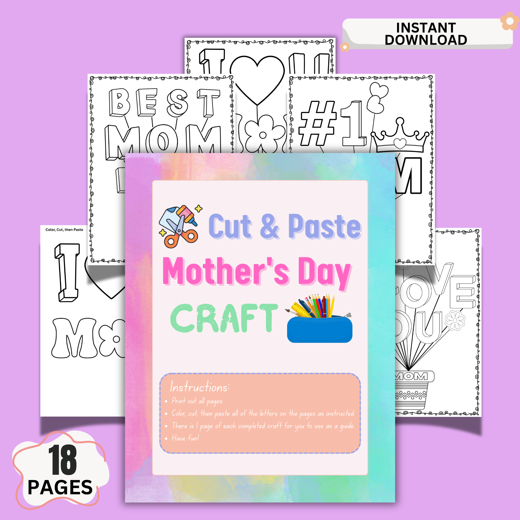 Mother’s Day cut and paste craft printable for kids featuring 18 pages of coloring