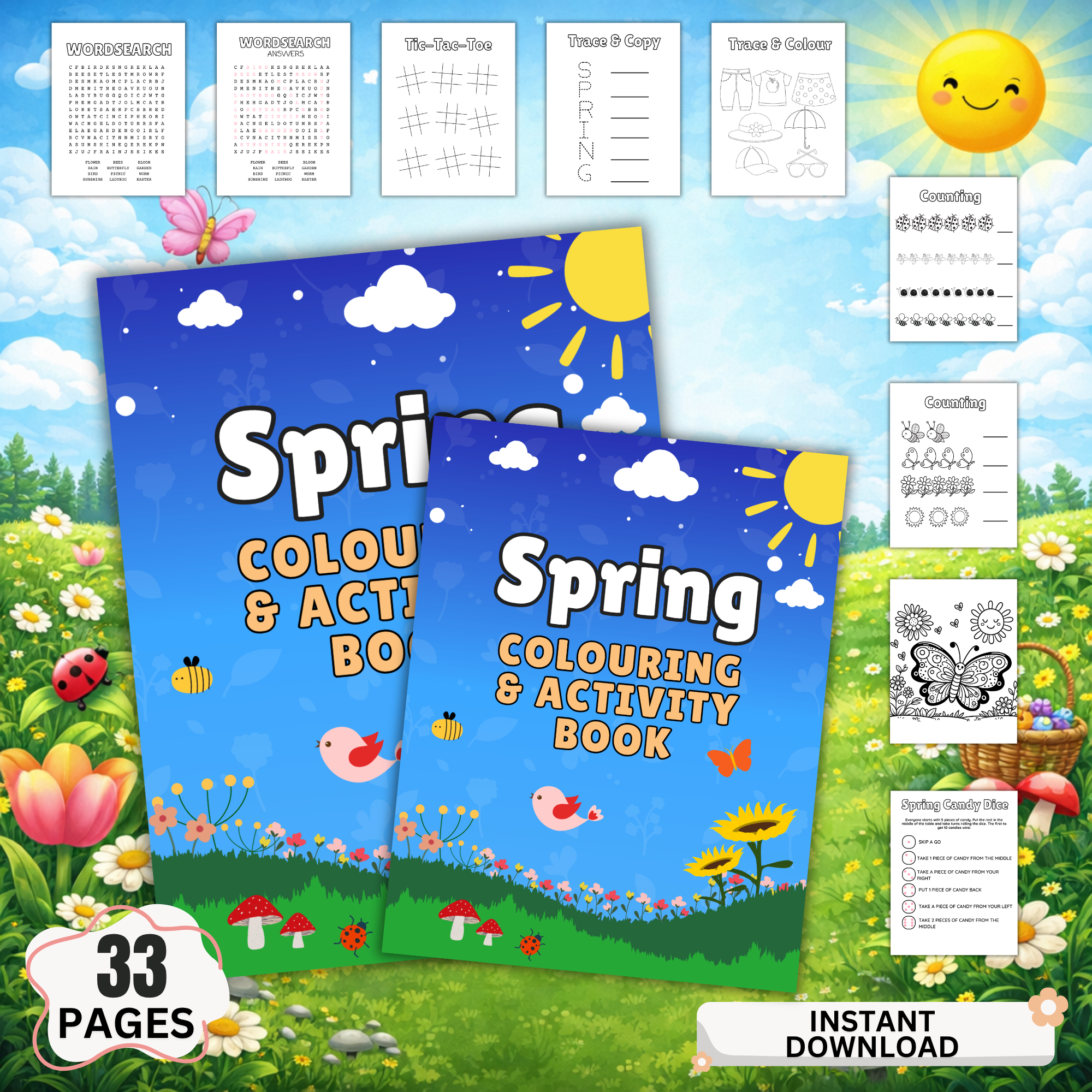 Spring coloring and activity book printable PDF for kids with 33 pages including coloring