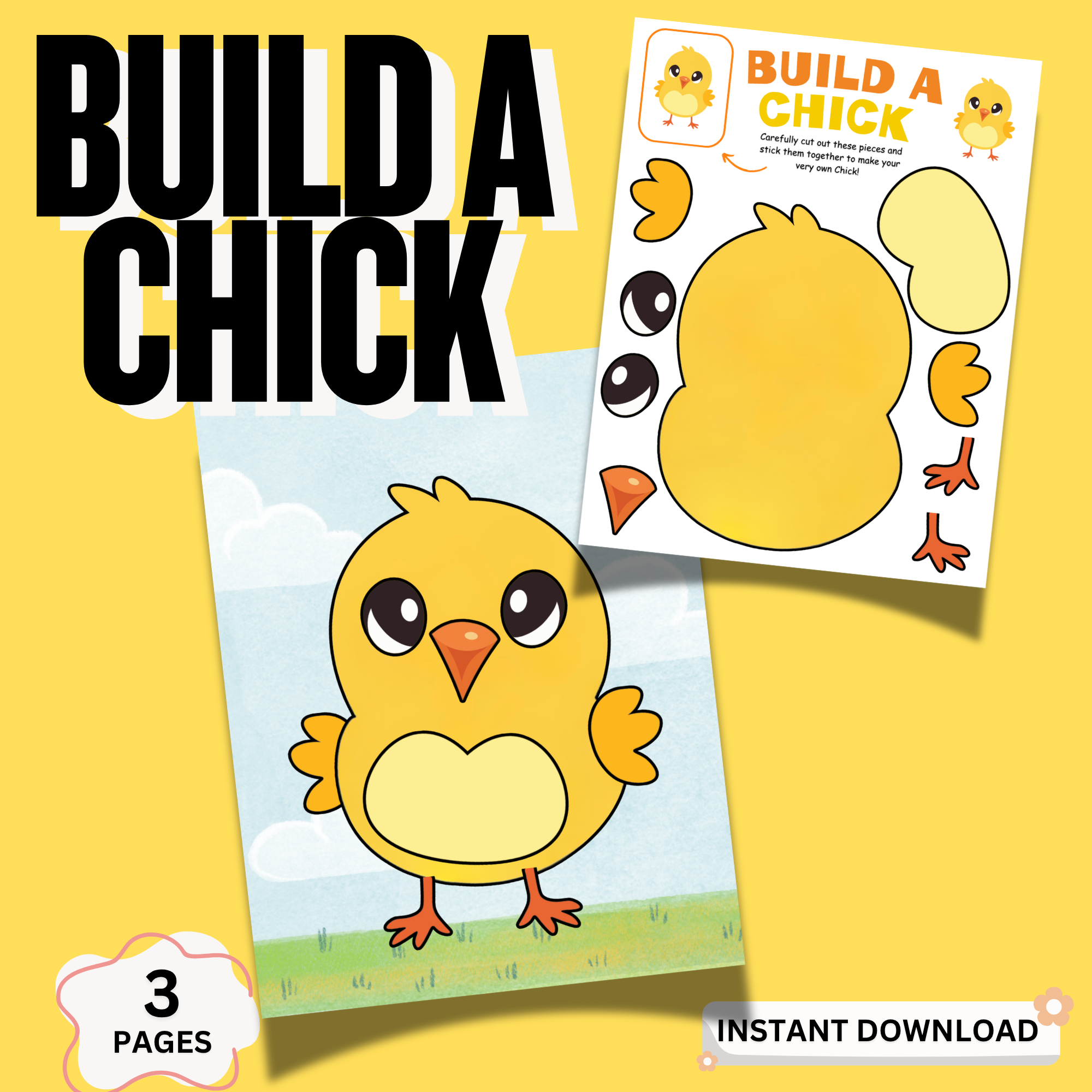 Build a Chick printable pages showing chick pieces and finished chick craft for kids cut and paste activity