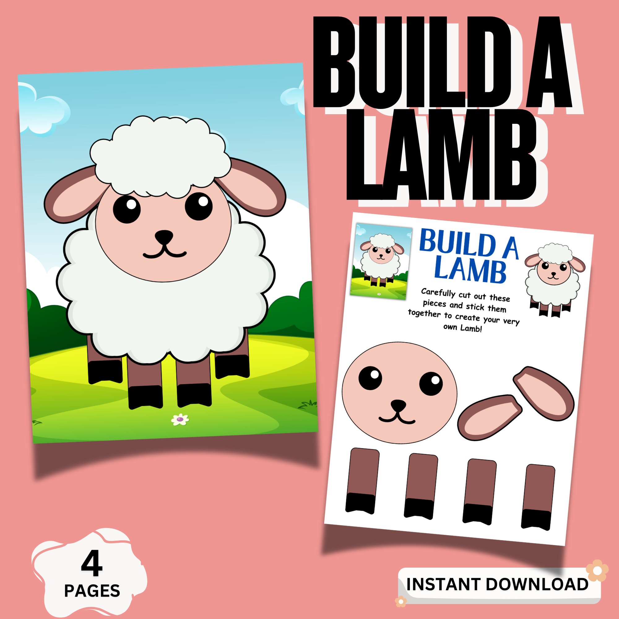 Build a Lamb craft printable for kids with cute lamb and cut and paste activity pages preview