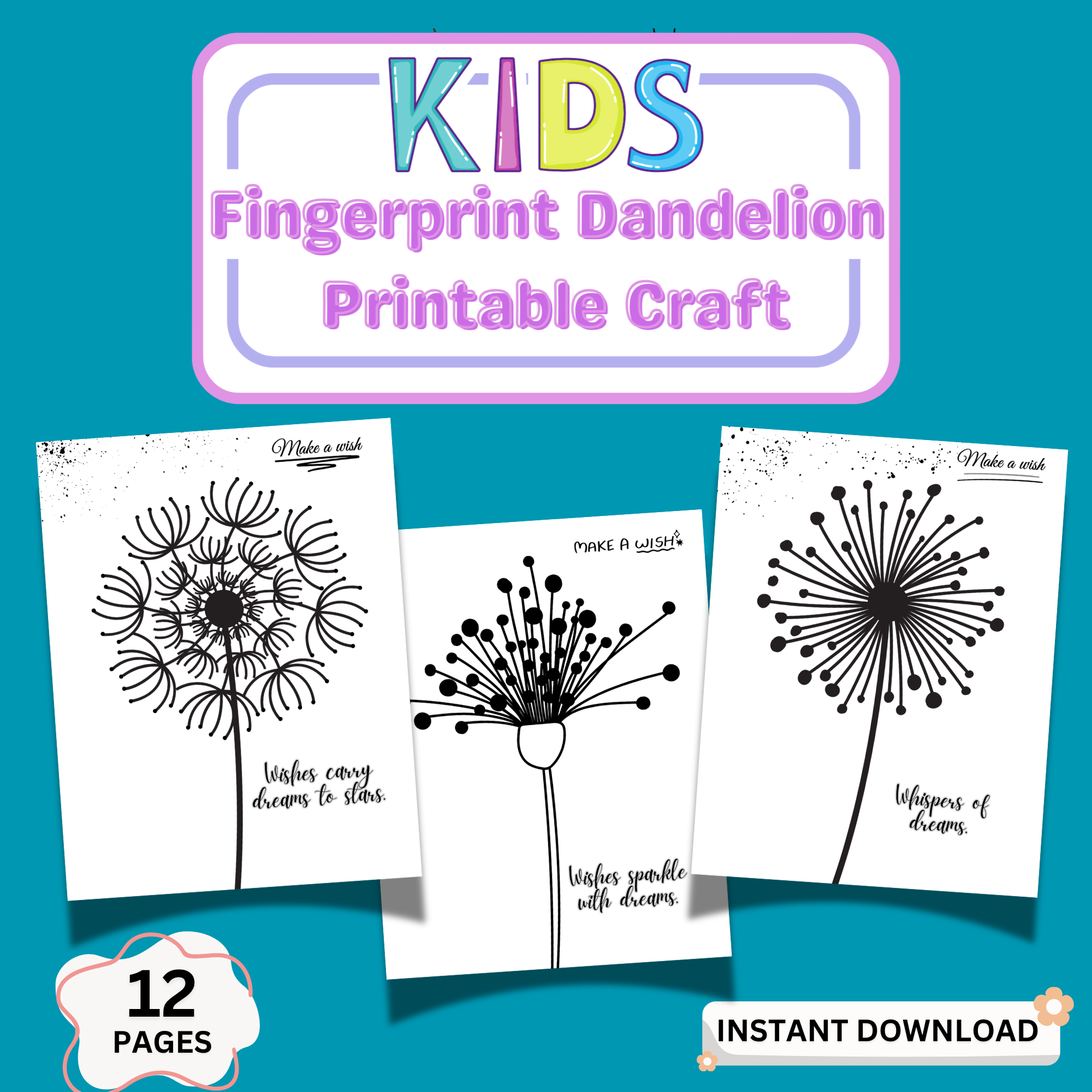 Fingerprint dandelion printable pages preview showing multiple Make a Wish templates