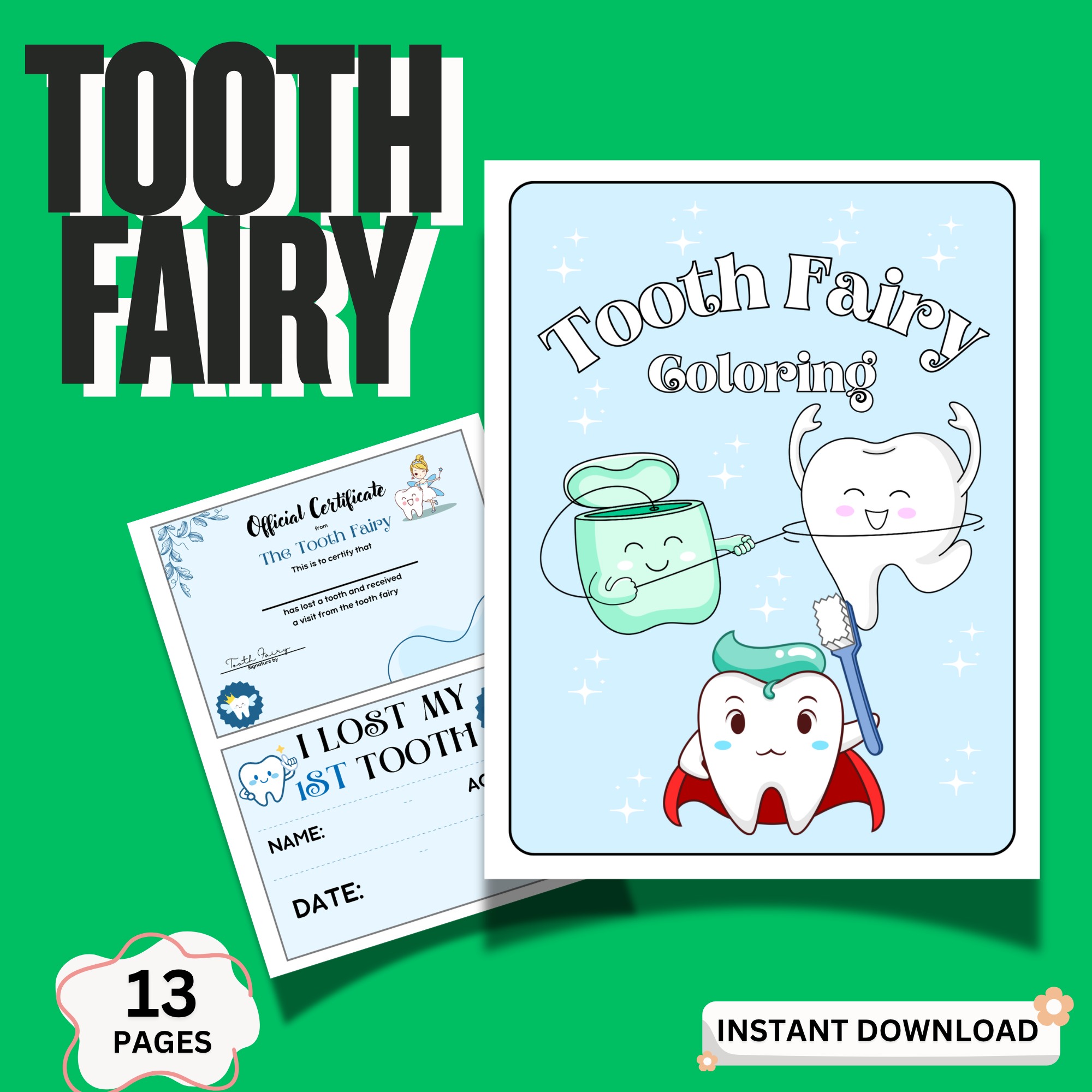 Tooth fairy printable kit for kids with coloring pages
