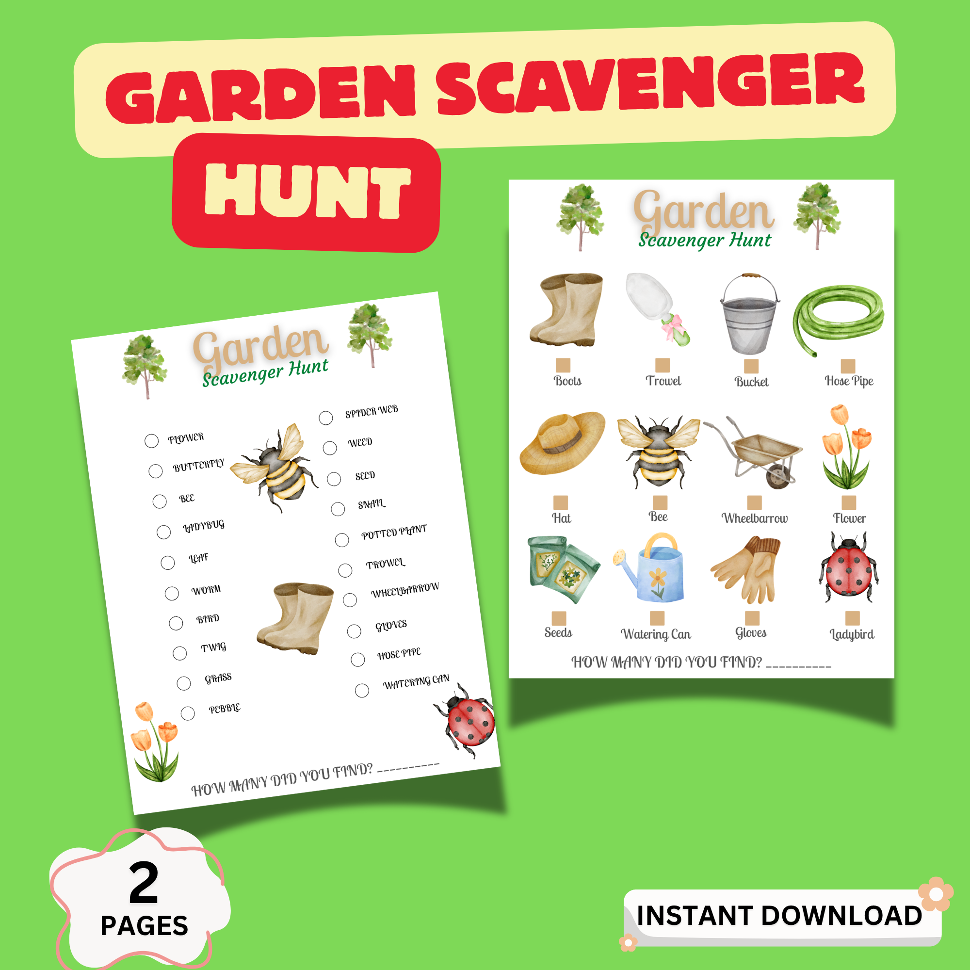 Garden scavenger hunt printable for kids with two activity pages outdoor nature game