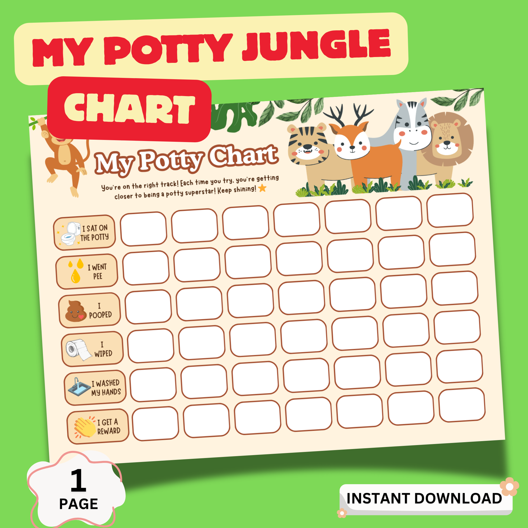 Jungle potty training chart printable for toddlers with cute safari animals reward tracker
