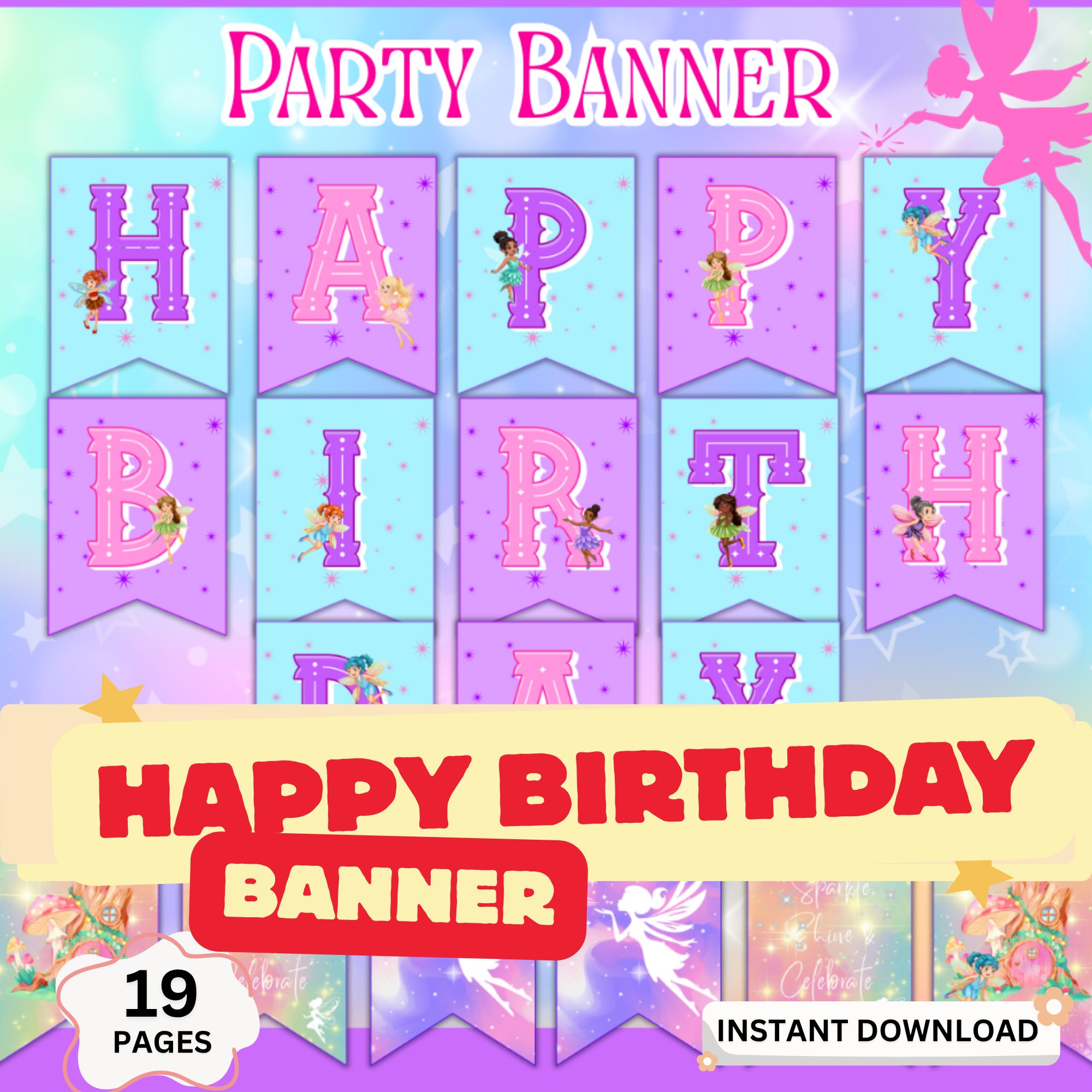fairy banner printable set alphabet letters fairy party decor what is included 19 pages banner flags kids party