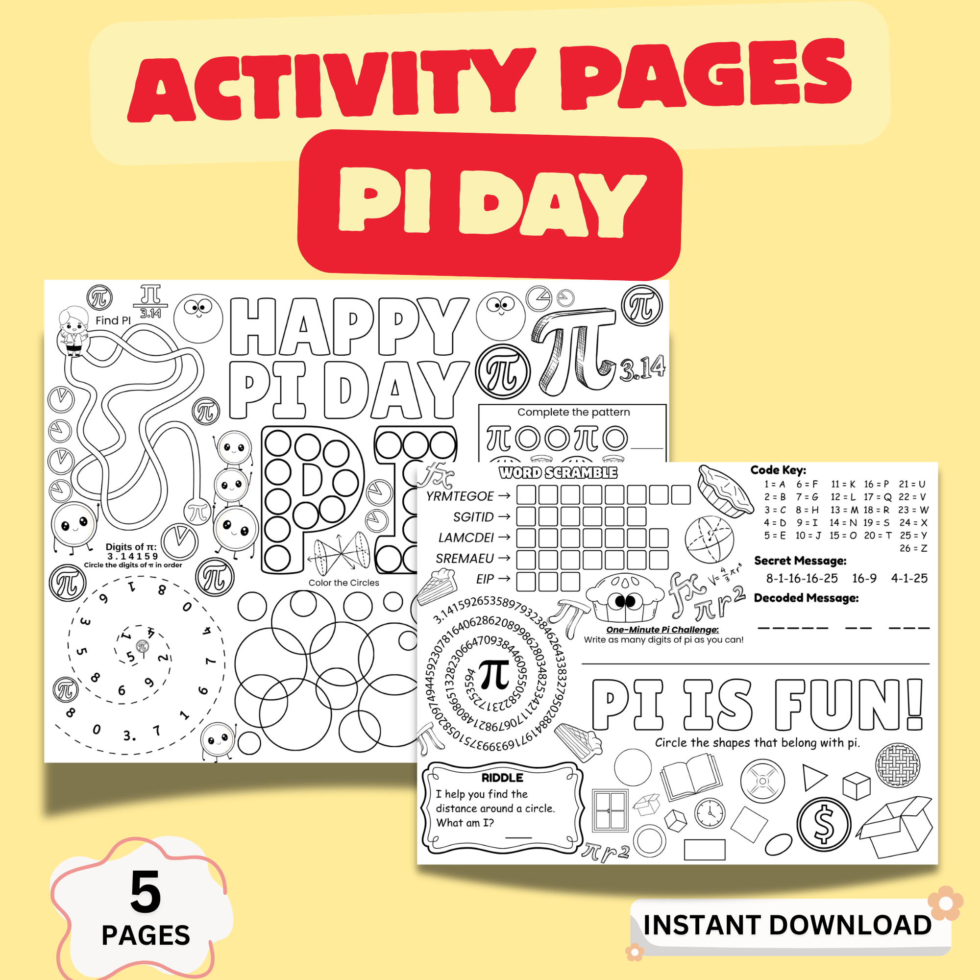 Pi Day activity pages printable with math worksheets