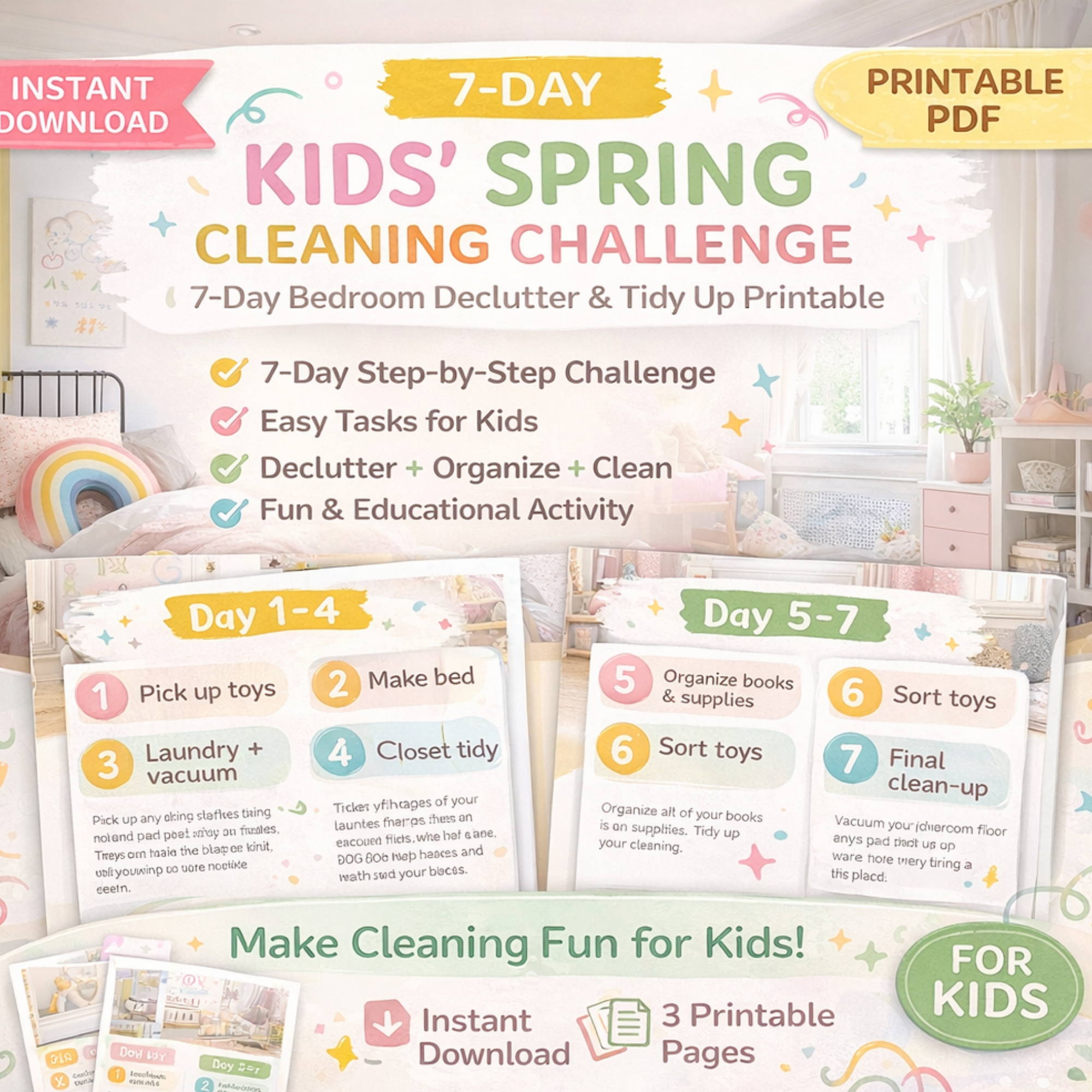 7 day kids spring cleaning challenge printable bedroom declutter chart with step by step tasks for kids instant download pdf
