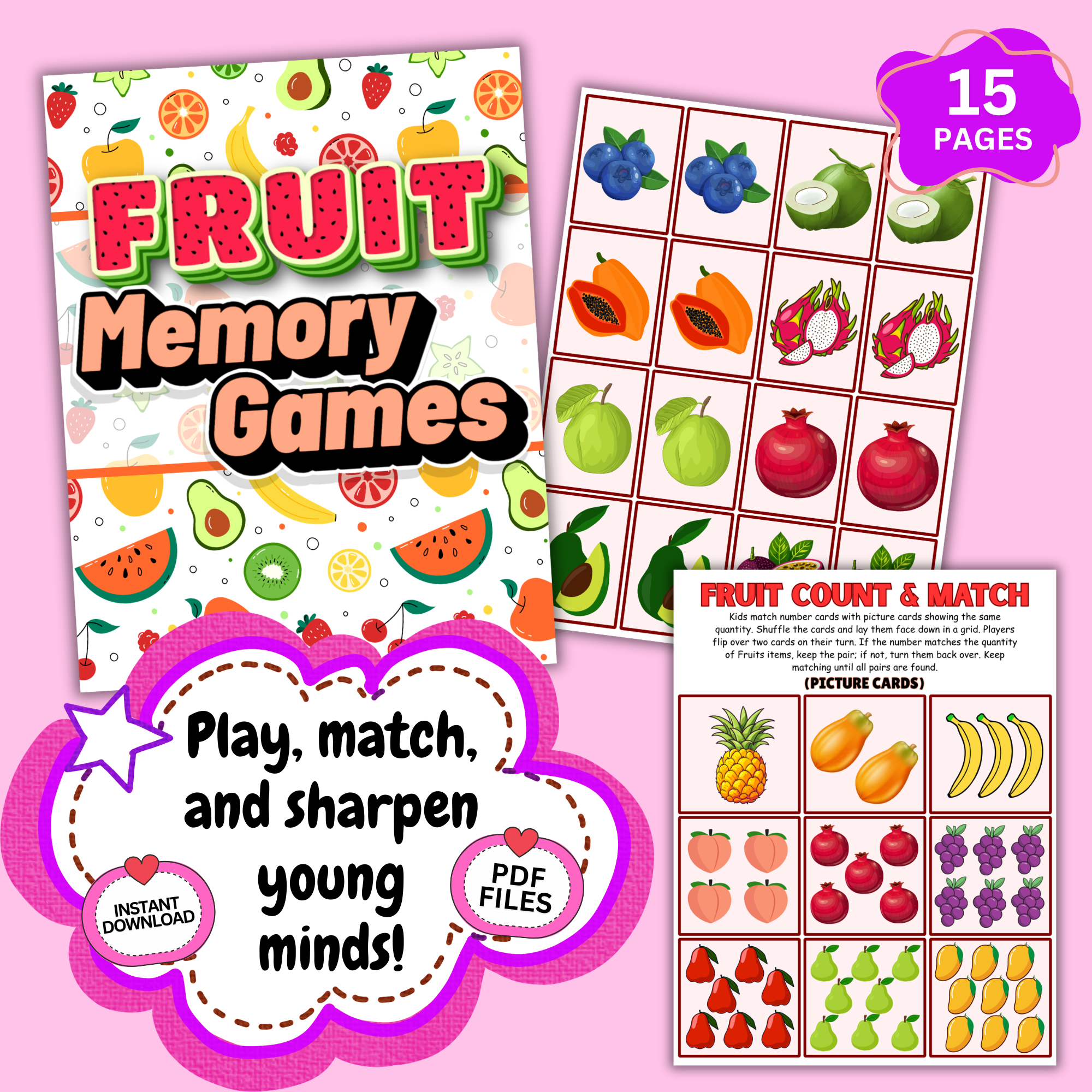 Fruit memory game printable for kids with colorful matching cards